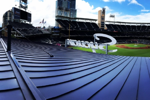 Commercial metal roofing in San Diego overlooking Petco Park featuring standing seam roof system