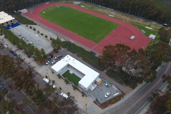 Commercial roofing overview in San Diego highlighting large flat roof and drainage layout